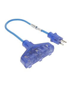 2Ft 3-Outlet Adapter 14/3 SJTW Lighted Clear Blue Receptacle