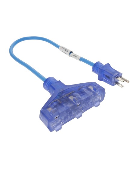 2Ft 3-Outlet Adapter 14/3 SJTW Lighted Clear Blue Receptacle