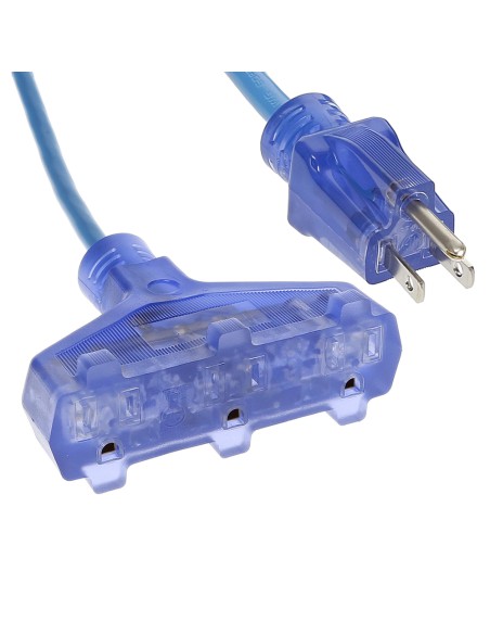 2Ft 3-Outlet Adapter 14/3 SJTW Lighted Clear Blue Receptacle